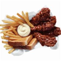 Honey BBQ Sauced & Tossed Chicken Strip Basket · 100% all-white-meat tenderloin strips, tossed in a sweet and smoky Honey BBQ sauce, and serv...