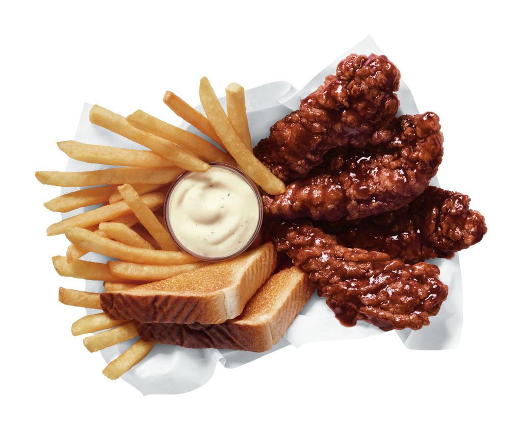 Honey BBQ Sauced & Tossed Chicken Strip Basket · 100% all-white-meat tenderloin strips, tossed in a sweet and smoky Honey BBQ sauce, and served with Texas toast and crispy fries, and your choice of dipping sauce
