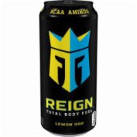 Reign Lemon HDZ 16oz · Sweet and tart flavors; blended with BCAAs, Natural Caffeine, CoQ10, and electrolytes, 0 cal...