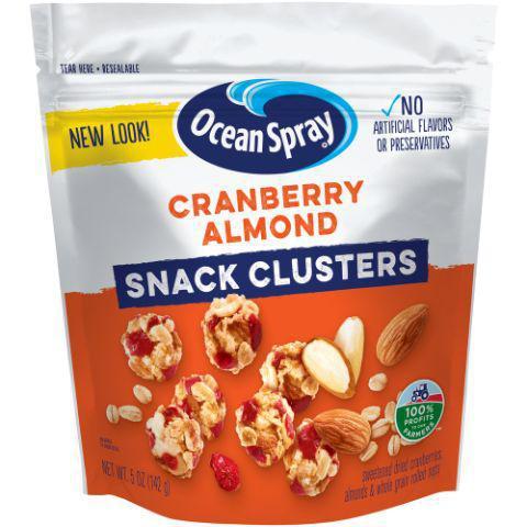 Ocean Spray Cranberry Almond 5oz · Each bite-sized fruit cluster combines crunchy almonds and sweet, chewy cranberries for a wholesome snack that’s sure to satisfy. Pop them in your mouth as a snack or use them as a yogurt or salad topper!
