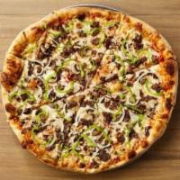 Steak and Cheese Pizza · Tender steak cooked with onions, mushrooms, and green peppers.
