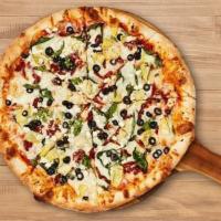 The Gourmet Pizza · Fresh spinach, sun-dried tomatoes, black olives, artichoke hearts, and feta cheese.
