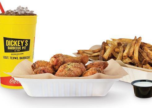 6 Piece Wing Combo · Pit-Smoked Bone-In or Traditional Boneless Wings with choice of up to 2 sauces, hand-cut fries, veggie sticks, 1 dip and a Big Yellow Cup