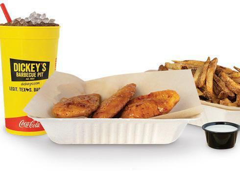 3 Piece Crispy Tender Combo · 3 Breaded Tenders with choice of 1 sauce, hand-cut fries, veggie sticks, 1 dip and a Big Yellow Cup
