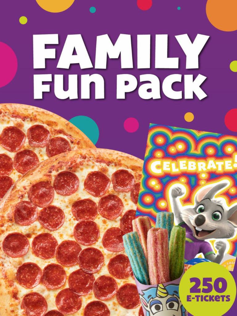 Family Fun Pack · Bring home the fun with 2 Large, 1-Topping Pizzas, Unicorn Churros, a Goody Bag with toys and activities, an Activity Sheet & 250 E-Tickets to use on your next visit.
