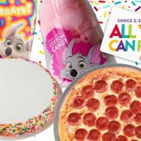 Party Fun Pack · Bring the party home with 2 Large, 1-Topping Pizzas, Round Cake, 3 Goody Bags, 3 Cotton Cand...