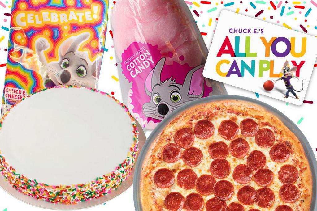 Party Fun Pack · Bring the party home with 2 Large, 1-Topping Pizzas, Round Cake, 3 Goody Bags, 3 Cotton Candy Bags, and gifts for Birthday Star (1000 e-tickets, 30 Point Play Pass Card to use later, & small Chuck E. plush toy).