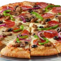 Supreme Pizza · Pepperoni, sausage, beef, black olives, mushrooms, red onions and green peppers. (180-280 ca...