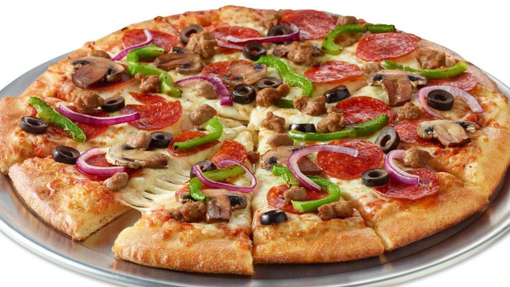 Super Combo Pizza · Pepperoni, sausage, beef, black olives, mushrooms, red onions and green peppers. (180-280 calories per slice).