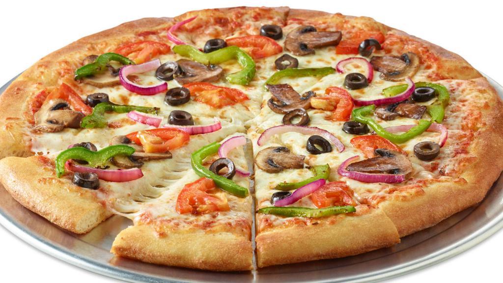 Veggie Pizza · Black olives, mushrooms, red onions, green peppers and tomatoes. (140-220 calories per slice).