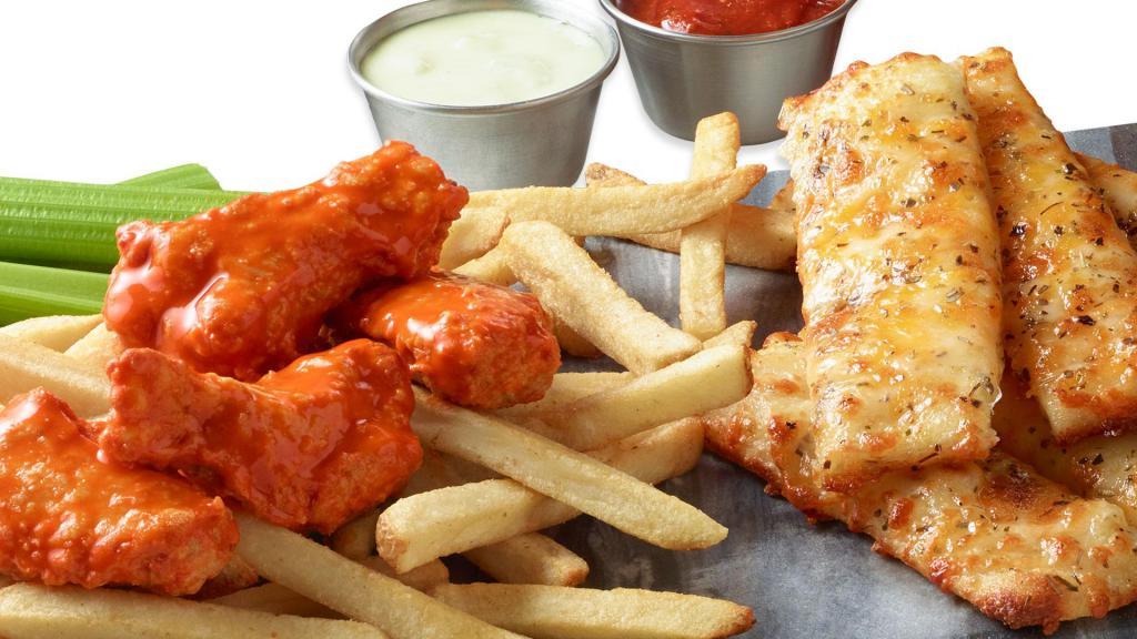 App Sampler Platter · A little bit of this and a little bit of that! Our app sampler offers a taste of three party favorites: Cheesy Bread, French Fries, and choice of traditional bone-in or boneless wings. Serves 2-4.