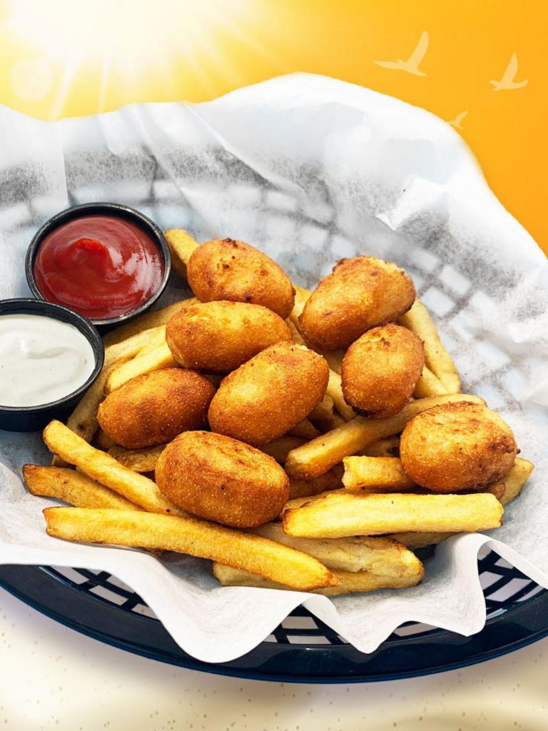 Large Mini Corn Dog Basket · Includes 16 mini corn dogs, large fries, side of ranch & ketchup.