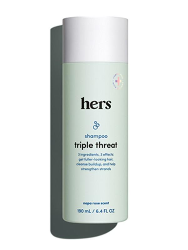 hers triple threat shampoo (6.4 fl oz) · Your bad hair days are numbered. Hers Shampoo is formulated with a triple threat of biotin, saw palmetto, and pumpkin seed oil to thicken and moisturize hair from the follicles all the way out to the tips.