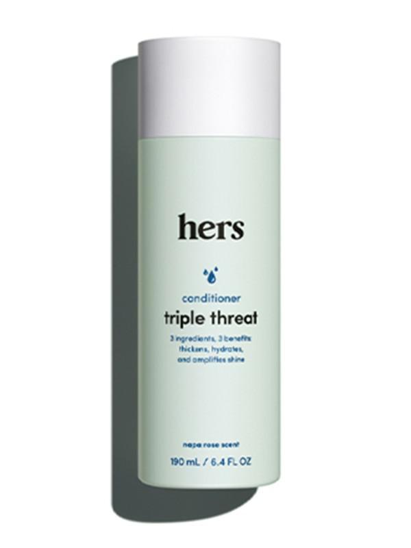 hers triple threat conditioner  (6.4 fl oz) · You know how every doctor is always talking about the benefits of hydration? Well, the same rules hold true for your hair. That’s why Hers Conditioner’s lightweight formula features a unique blend of amino acids and oils, which give hair a shine that is silky, soft, and strong—and help repair damaged hair too.