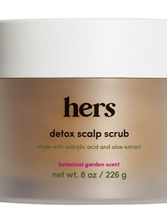 hers vegan detox exfoliating & moisturizing scalp scrub (8 oz) · We've all got a lot going on inside our heads, and there’s plenty going on  top of them, too. Hers Vegan Detox Exfoliating & Moisturizing Scalp Scrub is a vegan exfoliator that helps remove buildup caused by oil, dead skin, and hair product.