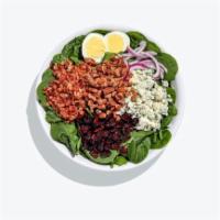 Bleu Berrymore salad · Baby spinach, herb roasted chicken breast, boiled egg, bacon, red onion, dried cranberries, ...
