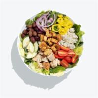 Hide & Go Greek salad · NEW RECIPE! Baby spinach, iceberg, chickpeas, artichoke, Kalamata olives, cucumber, cherry t...