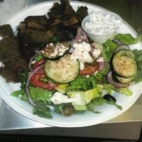 Gyro House Salad Bowl Combo · Lettuce, feta cheese, olives, tomatoes, cucumbers and onions served with gyro meat and a war...