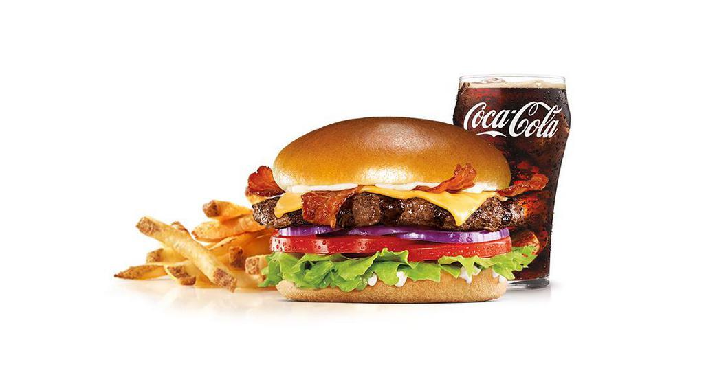 Bacon & Cheese Angus Burger Combo · Charbroiled Third Pound 100% black angus beef patty, crisp bacon, melted American cheese, tomato, lettuce, red onion, and mayonnaise, served on a potato bun. Served with a small drink and small fry.
