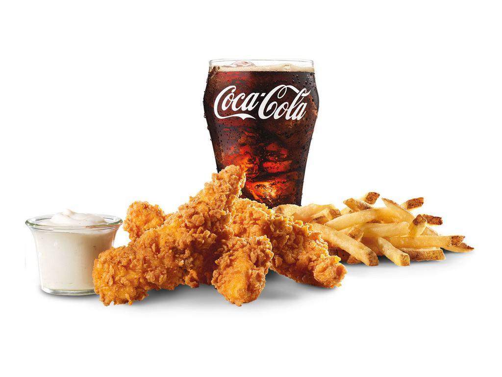 Hand-Breaded Chicken Tenders™ Combo · Freshly prepared hand-breaded chicken tenders. Premium, all-white meat chicken, hand dipped in buttermilk, lightly breaded, and fried to a golden brown. Served with a choice of honey mustard, buttermilk ranch, or sweet and bold BBQ dipping sauces.