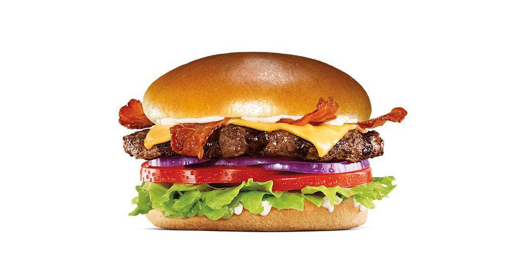 Bacon & Cheese Angus Burger · Charbroiled Third Pound 100% black angus beef patty, crisp bacon, melted American cheese, tomato, lettuce, red onion, and mayonnaise, served on a potato bun.