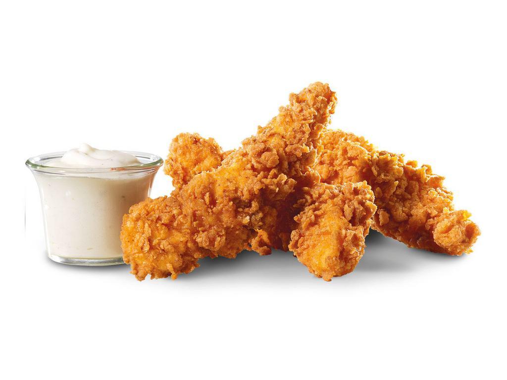 Hand-Breaded Chicken Tenders™ · Freshly prepared hand-breaded chicken tenders. Premium, all-white meat chicken, hand dipped in buttermilk, lightly breaded, and fried to a golden brown. Served with a choice of honey mustard, buttermilk ranch, or sweet and bold BBQ dipping sauces.