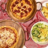 Pizza Family Meal · 1 cheese pizza, 1 pepperoni pizza, Caesar salad, 6 garlic knots with dipping sauce and 4 cho...