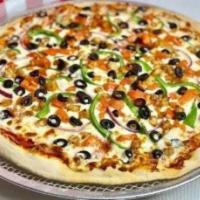 Premium Shrimp Pizza · Sauteed shrimps, onions, green peppers, olives and tomatoes.