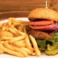 Fried Chicken Burger Meal · Chicken breast fried and served on brioche with french fries.