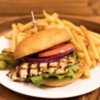 Grilled Chicken Burger Meal · Skinless chicken breast broiled and served on a brioche bun with french fries. Halal meat.