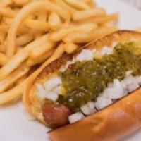 All Beef Hotdog Meal · 4 oz. nNatural casing all beef hot dog, topped with sweet relish a diced onions served with ...