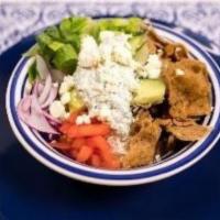 Beef And Lamb Gyro Bowl · Marinated beef or lamb gyro meat served with rice, lettuce, cucumbers, tomatoes, onions, fet...
