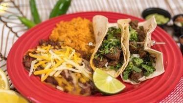 2 Beef Tacos Meal · Carne asada, pico de gallo, and salsa served with Mexican rice and pinto beans.