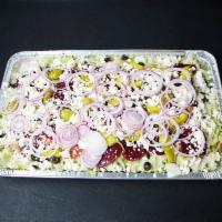Alibi's Famous Greek Salad · Includes olives, red onion, pepperoncini, feta cheese and tomato.