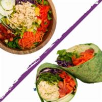 Curry Chicken · Wrap or Salad, Curry Chicken, Romaine, Purple Cabbage, Carrot, Red Pepper, Cucumber, Pico De...