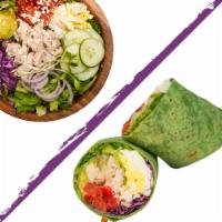 The Cobb · Wrap or Salad, Chicken Breast, Romaine, Hard Boiled Egg, Avocado, Cucumber, Red Pepper, Pico...