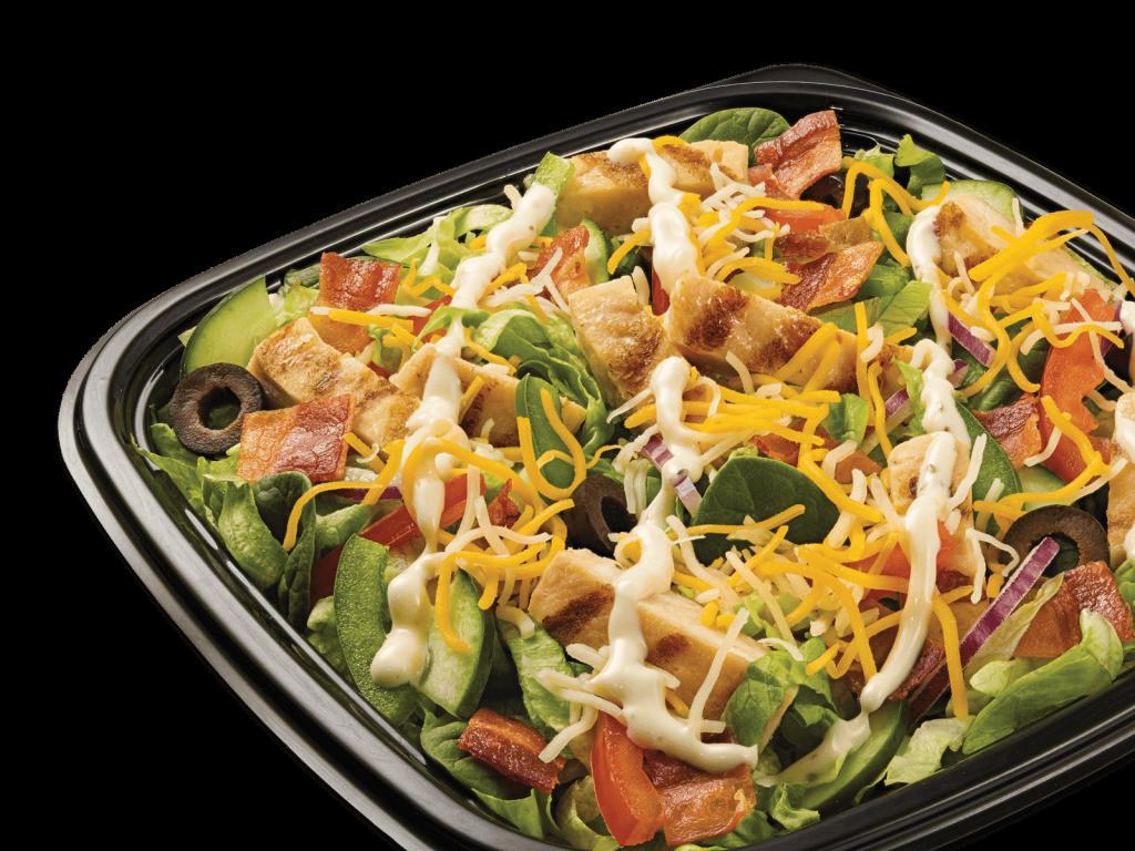Chicken & Bacon Ranch Chopped Salad · Saddle and and try the fresh toasted SUBWAY Chicken & Bacon Ranch Melt sandwich. Stuffed with melted Monterey cheddar cheese,tender allwhite meat chicken, crispy bacon, ranch dressing and your choice of crisp veggies.