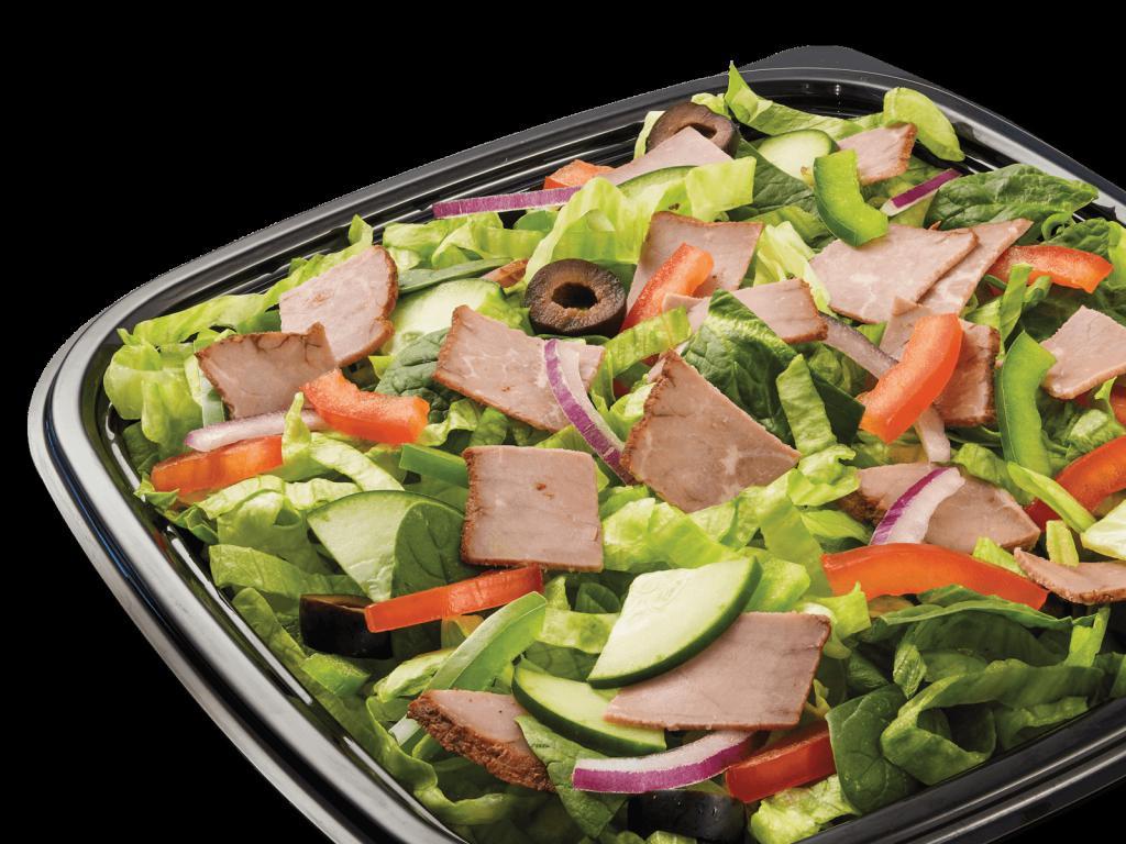 Roast Beef Chopped Salad · Piled high with thinly cut slices of lean roast beef. This crowd favorite is served with your choice of fresh veggies.