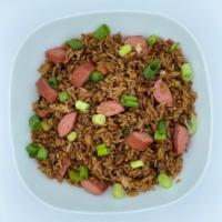 Basil Hot Dog Fried Rice · Served with diced carrots, onions, scallions, and basil.