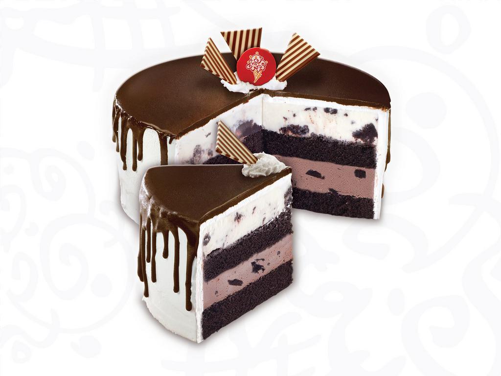 Tall, Dark and Delicious Cake · Layers of moist devil's food cake, sweet cream ice cream with brownies and chocolate ice cream with OREO® cookies wrapped in fluffy white frosting and cascading fudge ganache.