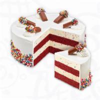 Cake Batter Confetti · Cake Batter Ice Cream with red velvet cake, rainbow sprinkles, and fluffy white frosting.