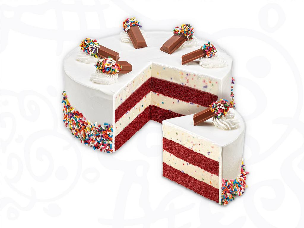 Cake Batter Confetti Cake · Layers of moist red velvet cake and cake batter ice cream with rainbow sprinkles, wrapped in fluffy white frosting.