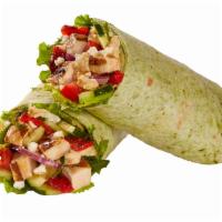 Mediterranean Chicken Wrap · Mixed greens, hummus, cucumbers, roasted red peppers, feta cheese, tomatoes, red onions and ...