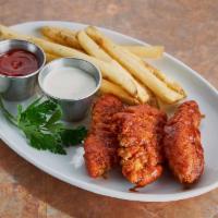 Rebels Hot Chicken Tenders · Three crispy chicken tenders, Nashville Hot Sauce, olive oil parsley fries, ranch dressing