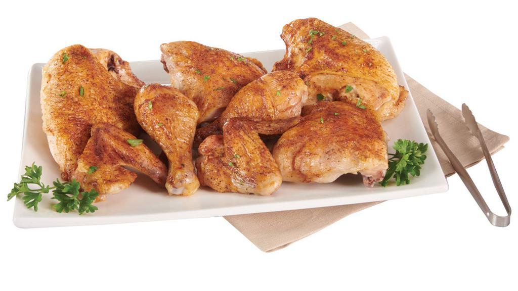 8 Piece White Meat Baked Chicken (2 Breasts, 2 Wings, 2 Legs, 2 Thighs) · A variety of legs and thighs, baked, tender, and ready to fly onto your plate.