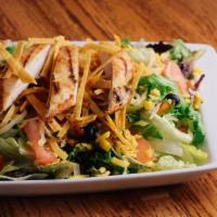 Tex Mex Salad · Citrus-marinated grilled chicken, sweet corn, and black bean salsa, crispy tortilla strips, ...