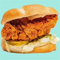 Nashville Hot Chicken Tender Sandwich · with mayo, ketchup, shredded lettuce and pickles.