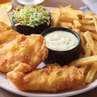 New England Fish + Chips · Golden, crispy-battered fish fillet with fries.  Comes with our signature coleslaw, tartar s...