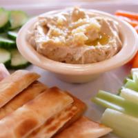 Hummus Plate · Carrots, celery, cucumber and pita chips or gluten free cauliflower chips.