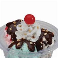 3 Scoop Classic Sundae · 3 scoops, topped with a warm topping, almonds, and a cherry.